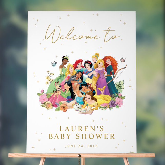 Disney Princess Gold Floral Baby Shower Welcome Acrylic Sign (Neutral)