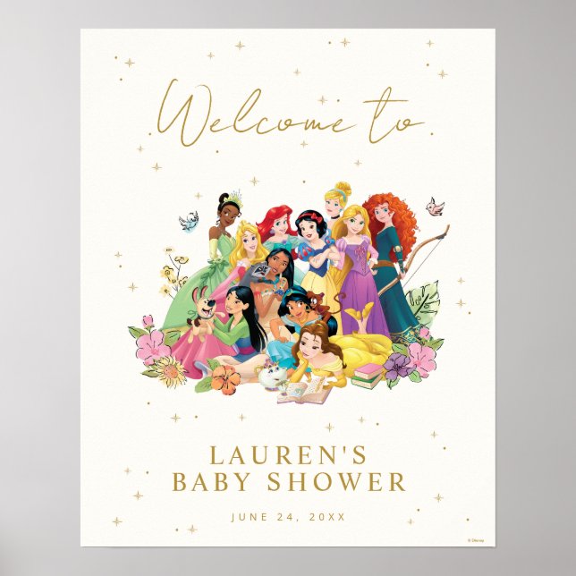 Disney Princess Gold Floral Baby Shower Welcome Poster (Front)