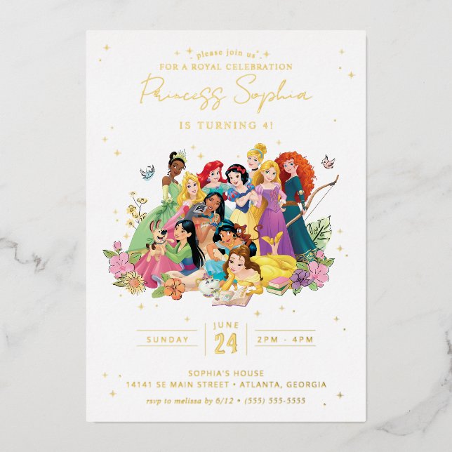 Disney Princess Gold Floral Birthday Foil Invitation (Front)