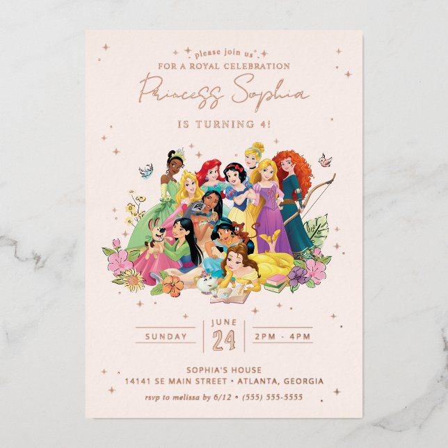 Disney Princess Gold Floral Birthday Foil Invitation (Front)