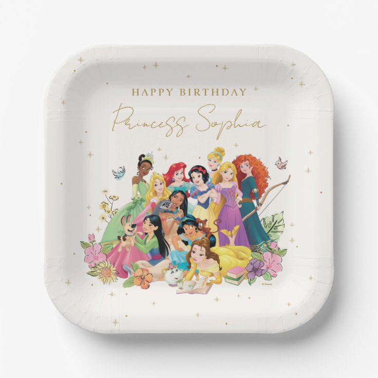 Disney Princess Gold Floral Birthday Paper Plates | Zazzle