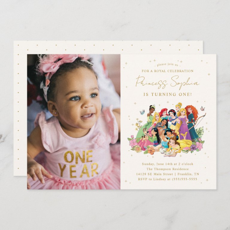 Disney Princess Gold Floral Birthday - Photo Invitation