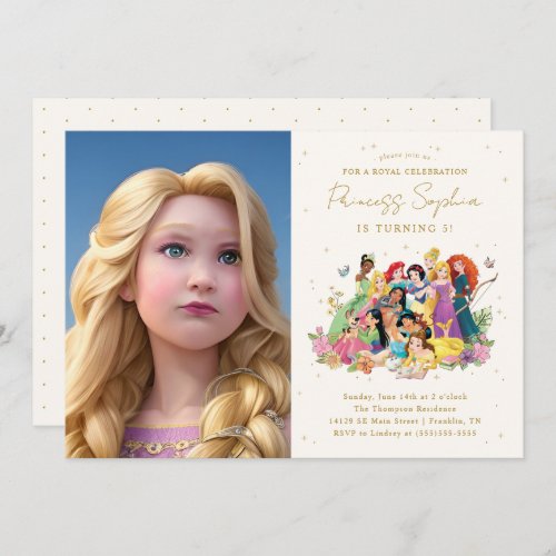 Disney Princess Gold Floral Birthday _ Photo Invitation