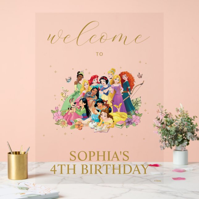 Disney Princess Gold Floral Birthday Welcome Acrylic Sign (Wedding)
