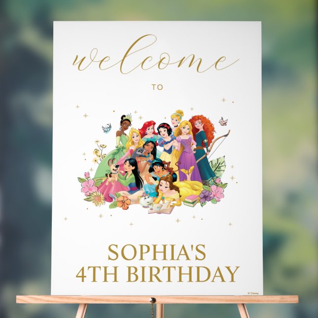 Disney Princess Gold Floral Birthday Welcome Acrylic Sign (Neutral)