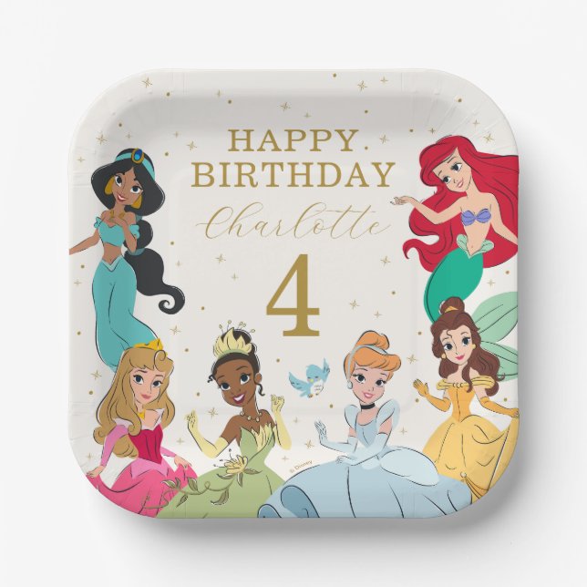 Disney Princess Gold Sparkle Birthday Paper Plates (Front)