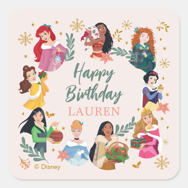 Disney Princess Holiday Birthday Square Sticker (Front)