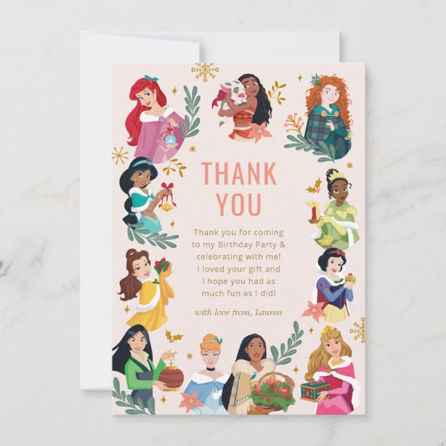 Disney Princess Holiday Birthday Thank You Card (Front)