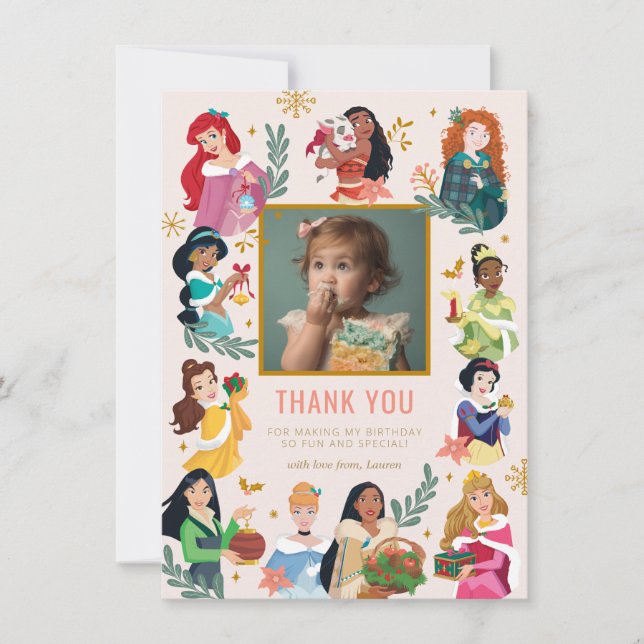Disney Princess Holiday Birthday Thank You Card (Front)