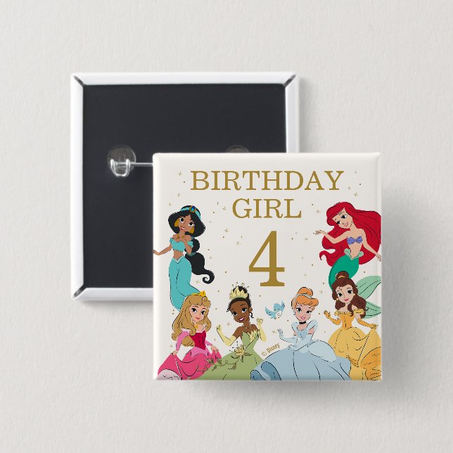  Disney Princesses Gold Sparkle | Birthday Girl Button (Front & Back)