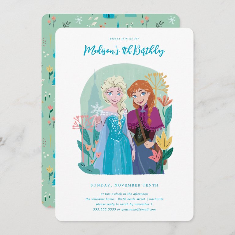 Disney&#39;s Anna &amp; Elsa Frozen Floral Girls Birthday Invitation