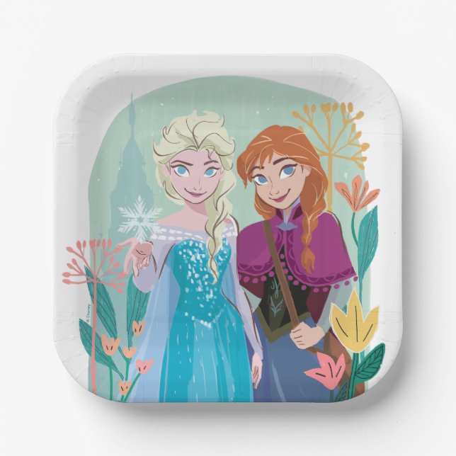 Disney's Anna & Elsa Frozen Floral Girls Birthday Paper Plates (Front)