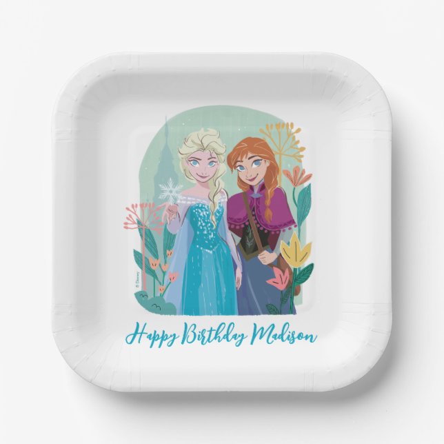 Disney's Anna & Elsa Frozen Floral Girls Birthday Paper Plates (Front)