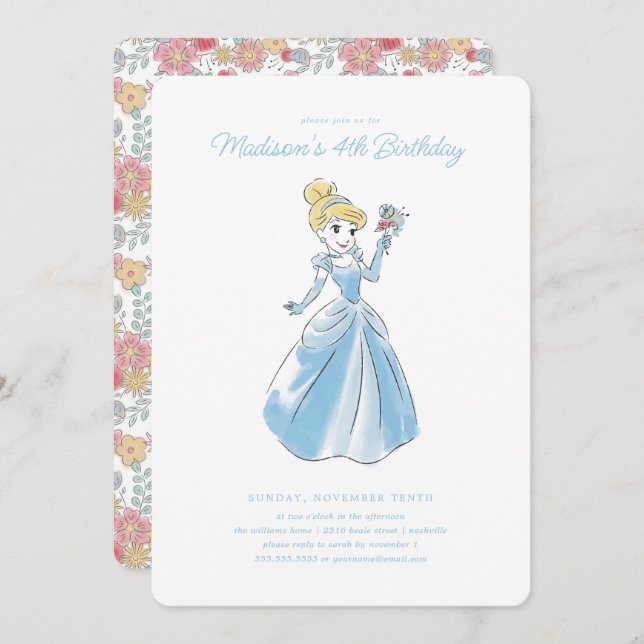 Disney's Cinderella | Floral Watercolor Birthday Invitation (Front/Back)