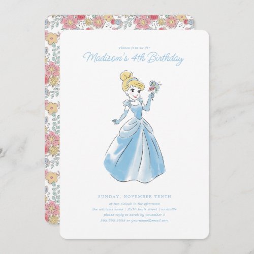 Disneys Cinderella  Floral Watercolor Birthday Invitation