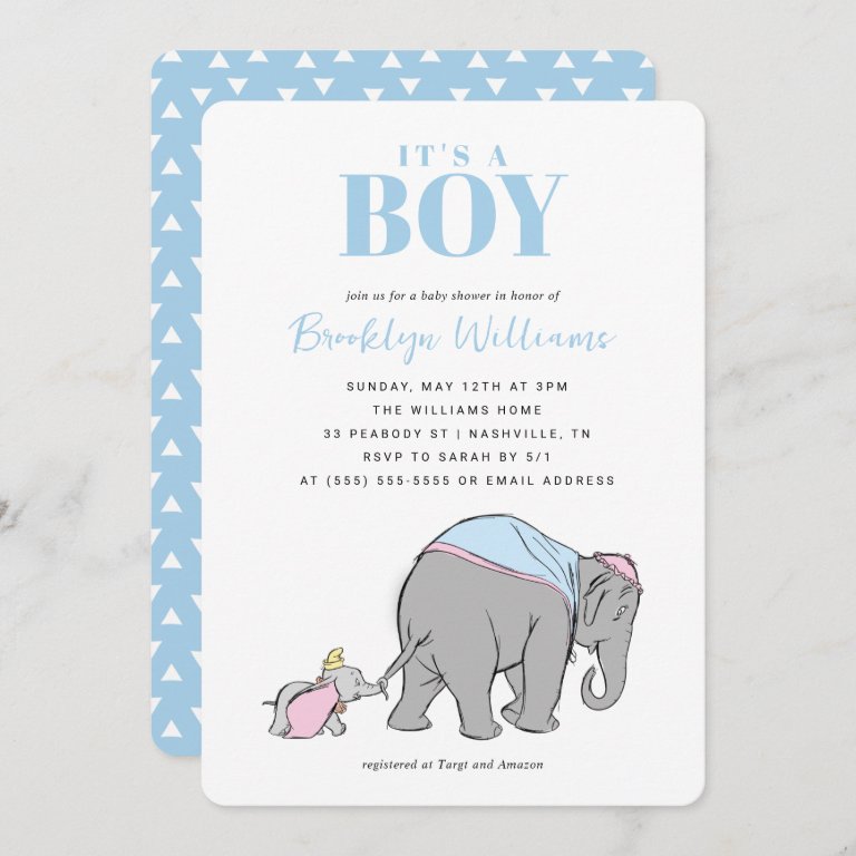 Disney&#39;s Dumbo &amp; Jumbo Boy Baby Shower  Invitation