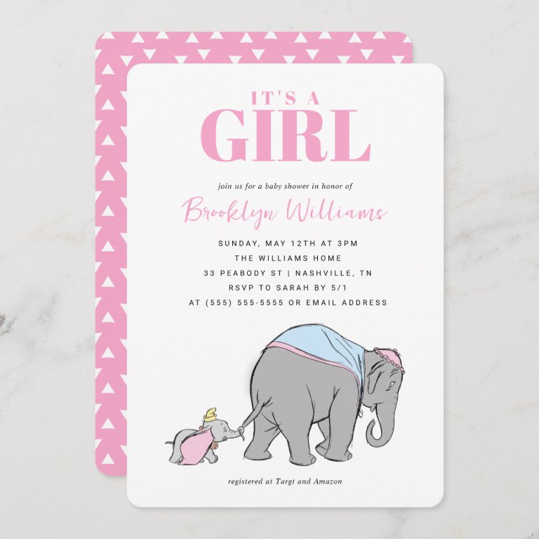 Disney&#39;s Dumbo &amp; Jumbo Girl Baby Shower  Invitation