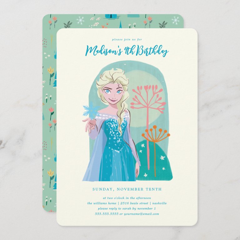 Disney&#39;s Elsa from Frozen Floral Girls Birthday Invitation