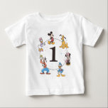 Disney's Mickey & Friends Character Birthday Baby T-Shirt<br><div class="desc">This Mickey & Friends First Birthday Baby T-Shirt is a charming outfit choice for your little one's special day. The design features beloved Disney characters Mickey Mouse,  Minnie Mouse,  Goofy,  Donald Duck,  Daisy Duck,  and Pluto arranged around the number "1" in a festive circle of confetti accents.</div>