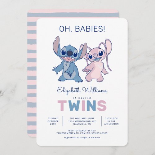 Disneys Stitch  Twin Boy  Girl Baby Shower Invitation