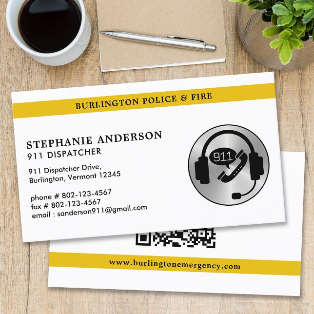 Dispatcher Custom Thin Gold Line 911 Logo QR Code Business Card (Creator Uploaded)