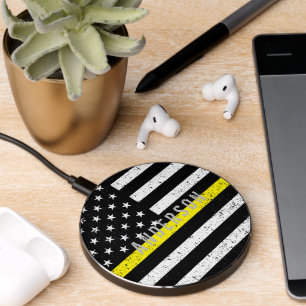 Dispatcher distressed Thin Yellow Line with name  Wireless Charger