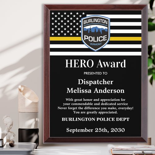 Dispatcher HERO 911 Department Custom Logo Award Plaque