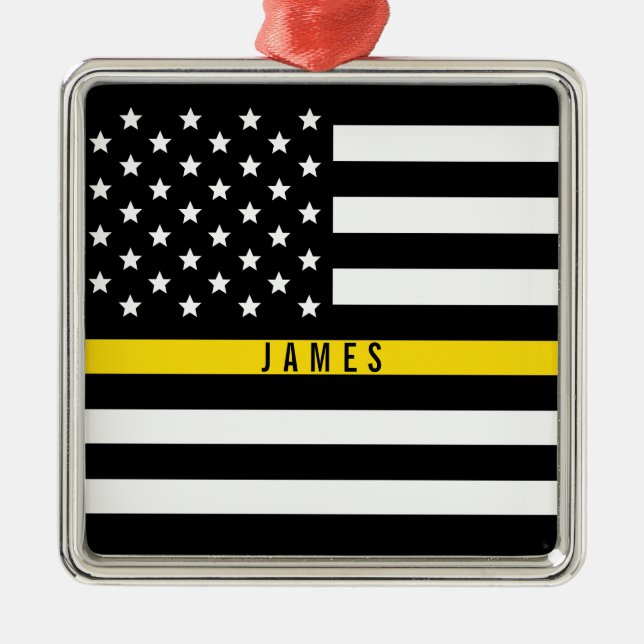 Dispatcher Thin Yellow Line American Flag Monogram Metal Ornament (Front)