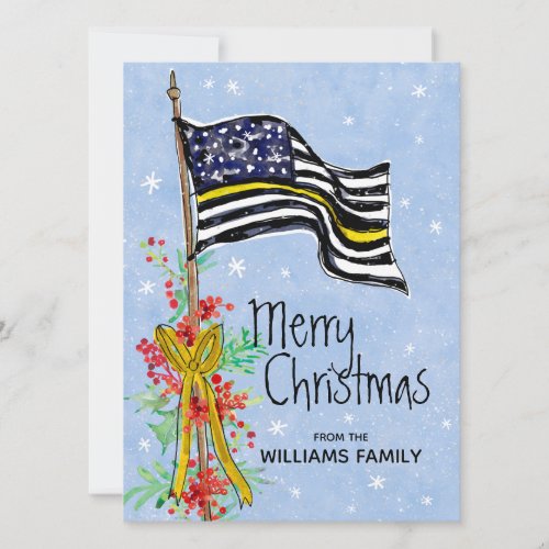 Dispatcher Thin Yellow Line Flag Holly Red Berries Holiday Card
