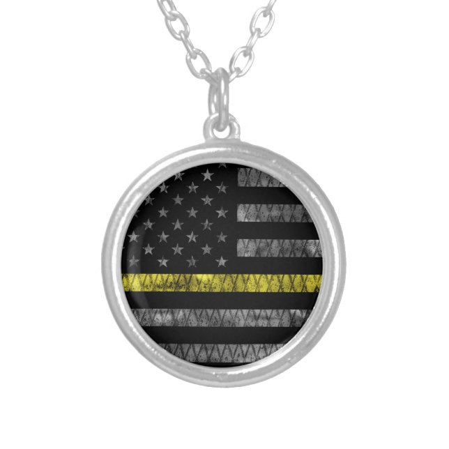 Dispatcher Thin Yellow Line Flag Silver Plated Necklace (Front)