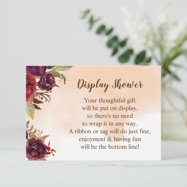 Display Bridal Wedding Shower Burgundy Flowers Enclosure Card (Standing Front)