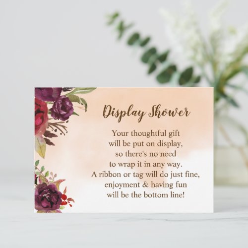 Display Bridal Wedding Shower Burgundy Flowers Enclosure Card