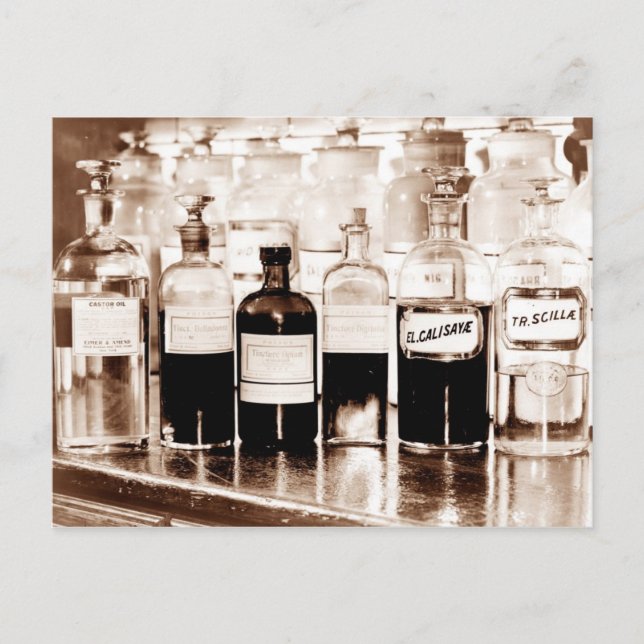 Display of apothecary bottles containing drugs postcard (Front)