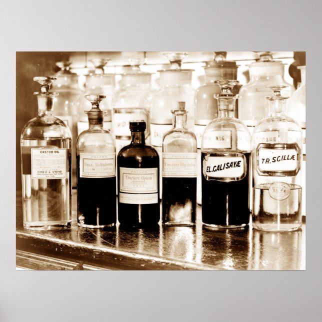 Display of apothecary bottles containing drugs poster (Front)