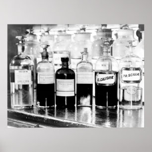 Display of apothecary bottles containing drugs poster