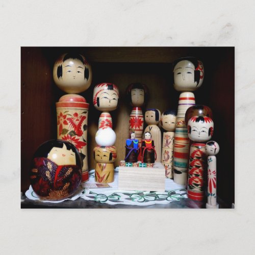 Display of Japanese Kokeshi Dolls Postcard