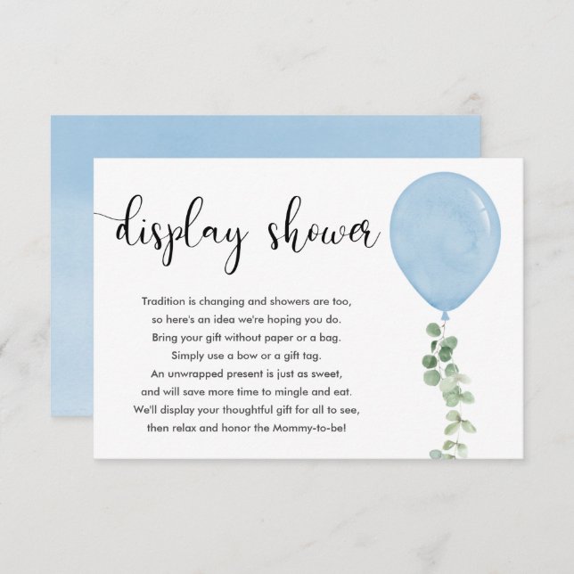 Display shower blue balloon eucalyptus greenery enclosure card (Front/Back)