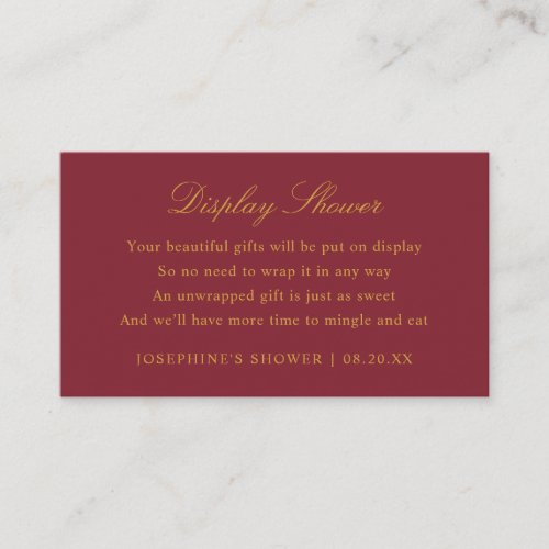 Display Shower Custom Colors Burgundy and Gold Enclosure Card