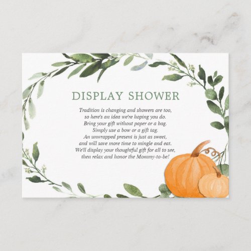 Display shower fall pumpkins greenery baby shower enclosure card