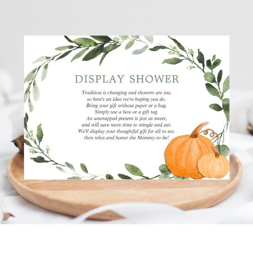 Display shower fall pumpkins greenery baby shower enclosure card