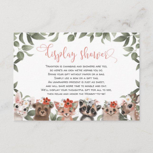 Display shower floral woodland forest girl baby enclosure card (Front)