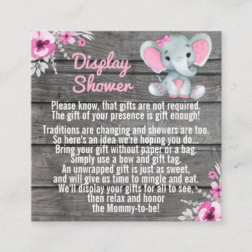 Display shower pink elephant rustic floral square business card