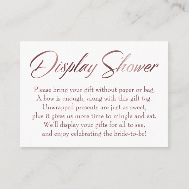 Display Shower Rose Gold Script Insert Tag Card (Front)