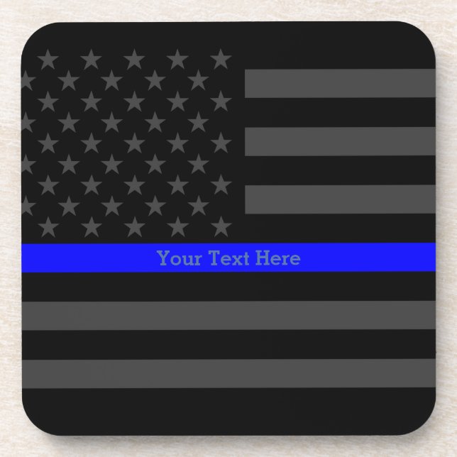 Display Thin Blue Line Personalized Black US Flag Coaster (Front)