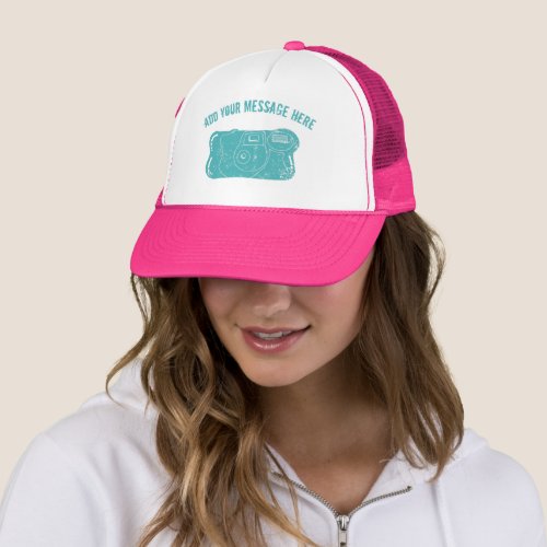 Disposable Camera Custom Message Teal Blue Graphic Trucker Hat