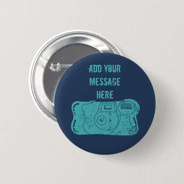 Disposable Camera Custom Message Teal, Navy Blue Button (Front & Back)