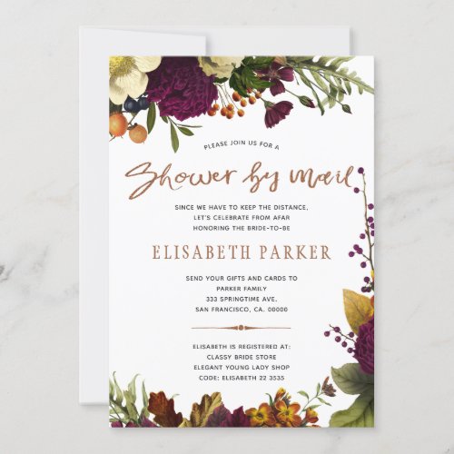 Distance shower burgundy floral shower by mail invitation