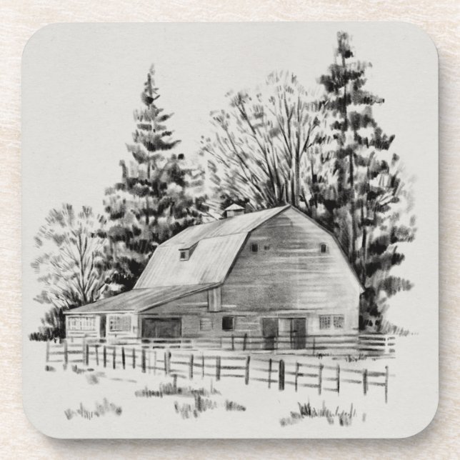 Distant Barn Sketch I Beverage Coaster (Front)
