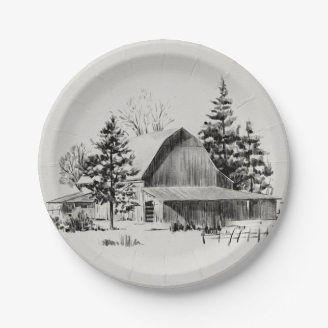 Distant Barn Sketch II Paper Plates (Front)