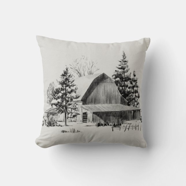 Distant Barn Sketch II Throw Pillow (Front)